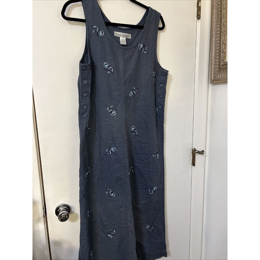 VTG Jane Ashley Y2K  Sheath Dress Small Blue Floral Embroidered Linen Cotton‎